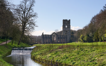 This landscape photograph shows a wide view looking towards Fountains Abbey from the River Skell on a sunny spring afternoon. The image was captured in North Yorkshire, England, within the scenic Studley Royal Park, a well-known location in the United Kingdom. The tranquil River Skell flows in the foreground with a small waterfall, while the striking ruins of Fountains Abbey, a historic former church, rise against a backdrop of lush green grass and woodland. The sunlight illuminates the abbey and surrounding parkland, highlighting the beauty of the setting on this bright spring day.
